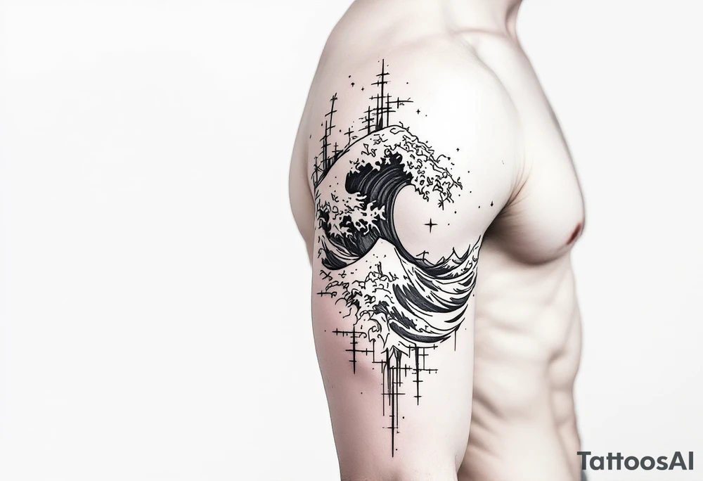 Fine line powerful ocean half sleeve with some shading tattoo idea Fine line powerful ocean half sleeve with some shading tattoo idea