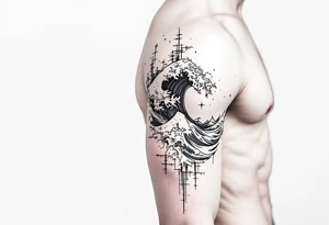 Fine line powerful ocean half sleeve with some shading tattoo idea