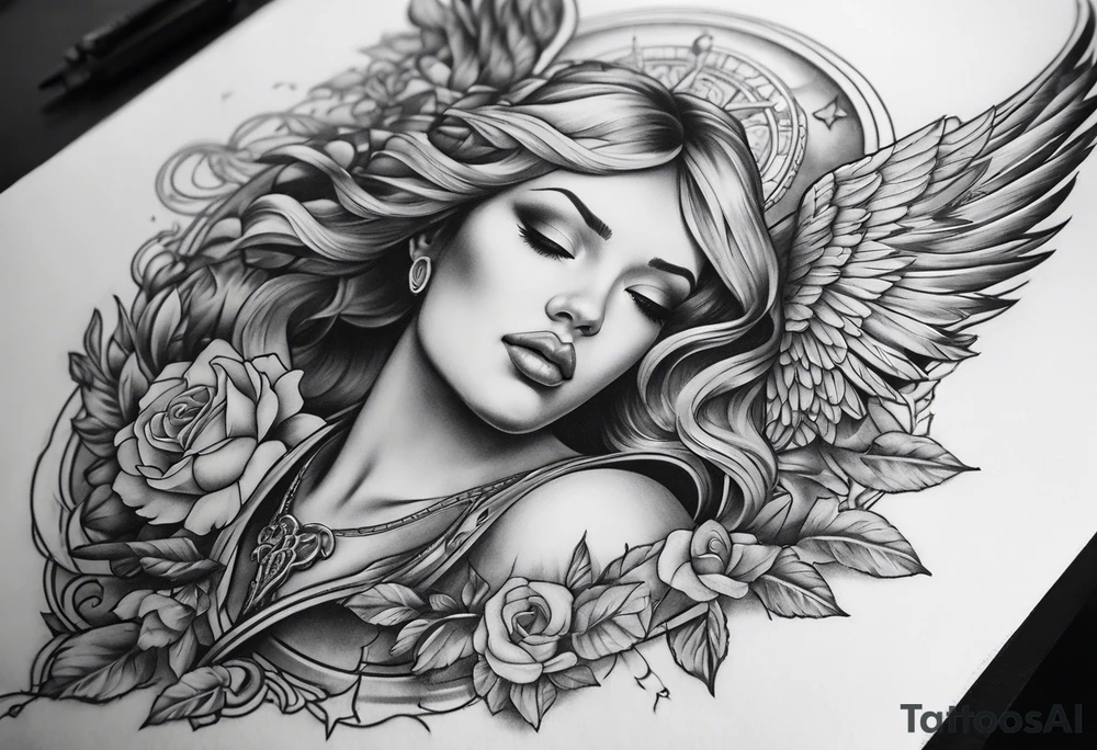 top half sleeve with some angels and small dart on it tattoo idea
