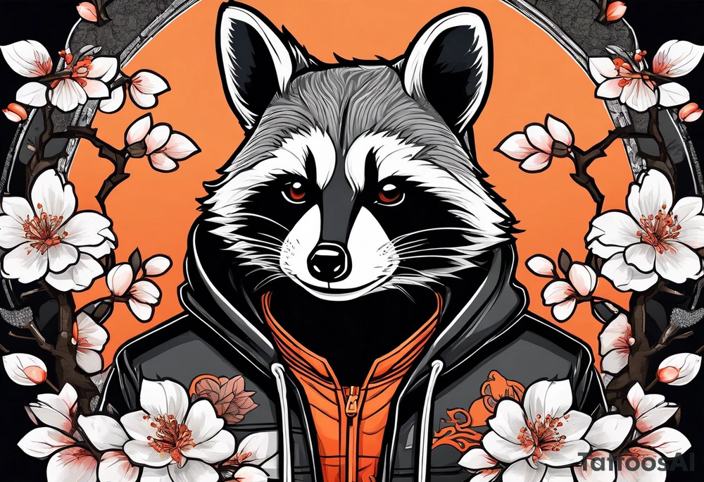Raccoon wearing a white Superman logo on a black hoodie and orange Japanese cherry blossoms tattoo idea