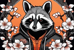 Raccoon wearing a white Superman logo on a black hoodie and orange Japanese cherry blossoms tattoo idea