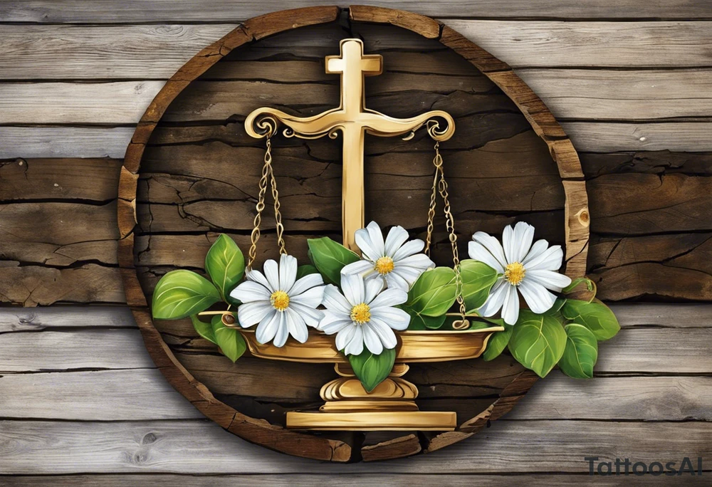 I need you to draw me a old libra scale out of tattered wood. The ends of the cross of wood need to be  broken. I need the bottom to look tattered possible cracks and holes  in wood of scale. I need vines with little white flowers wrapped all the way up the scale across the wood beam. And I want the scale bowls need to be attached by the vines. And I want the two weights of the scale to be wooden as well. They also need to look tattered. The weights need to be fastened on by the vines. I need to make it look like the ends of the vines on both scales is just loosely. I need to incorporate pieces koi fish in beautiful blues greens, and pinks.The fish need to be one on each scale balancing the scale and the tail of the left on, pointing down. the beautiful fish tail fins needs to be covering part of the tattered piece and the fish on the rights tail will be facing unpard with the fin of beauty starting to court the same pic the pieces fish need to be placed in the scale bowls the need to of large size to so theyv  Fill each scale and are persuading out the bowls

Why aren't you adding the pieces fish swimming in opposite directions one on each bowl tattoo idea