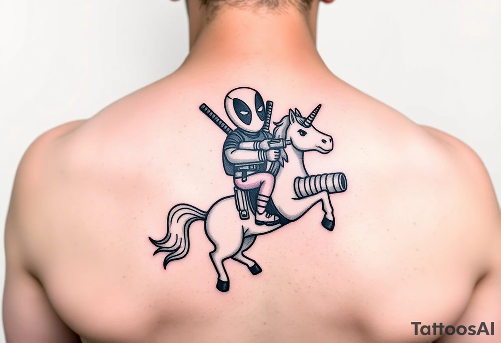 Deadpool riding unicorn holding rocket old school propelled grenade launcher tattoo idea