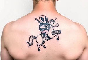 Deadpool riding unicorn holding rocket old school propelled grenade launcher tattoo idea