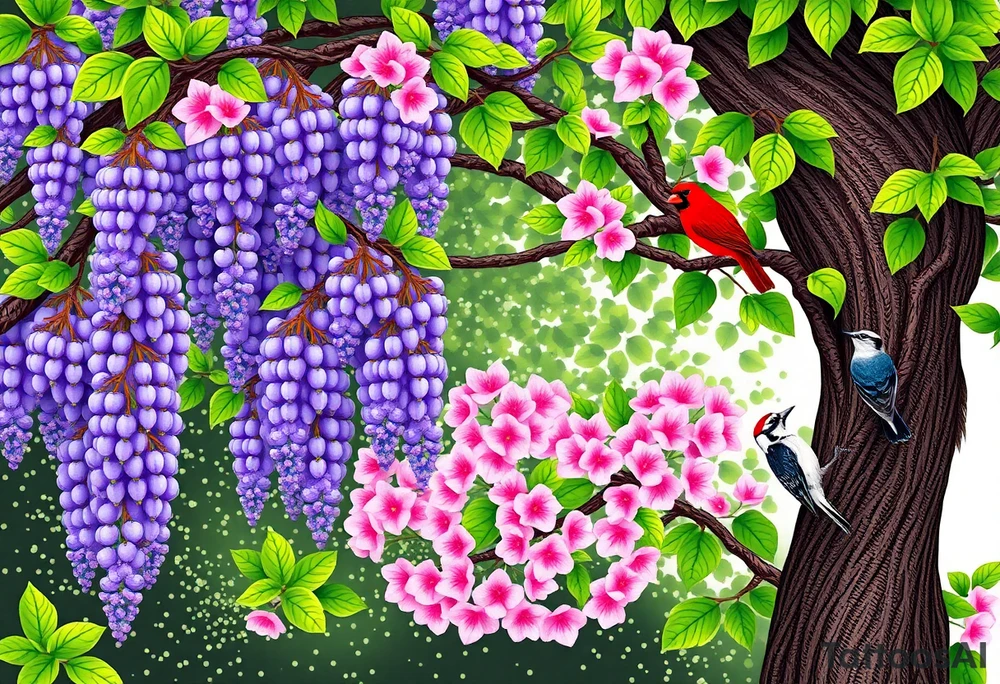 The American wisteria tree gracefully drapes its cascading clusters of soft lavender flowers, twisting around sturdy branches with delicate, vine-like tendrils, while its lush green foliage creates a dreamy, whimsical canopy. Nearby, an Eastern redbud bursts with vibrant pink blossoms, its heart-shaped leaves beginning to unfurl, adding a striking contrast against the deep, twisting bark of its slender trunk. Among the branches, a brilliant red cardinal perches proudly, an indigo bunting glows in a dazzling shade of blue against the floral backdrop, and a downy woodpecker clings to the textured bark, its black-and-white feathers speckled with hints of red as it pecks gently, completing the tranquil and picturesque woodland scene. tattoo idea
