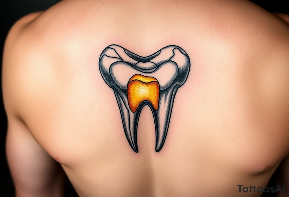 A molar tooth carved in marble, glowing from inside with a subtle golden light, realistic and artistic style tattoo idea