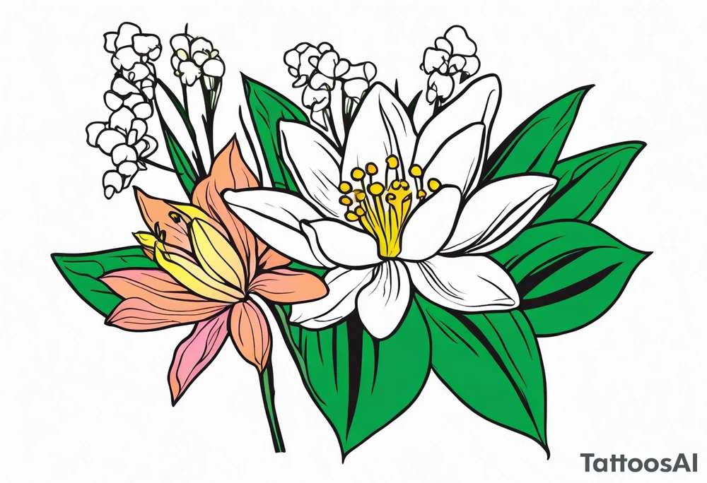 Water Lily, Lily of the Valley, Narcissus, and Gladiolus flower bouquet tattoo idea