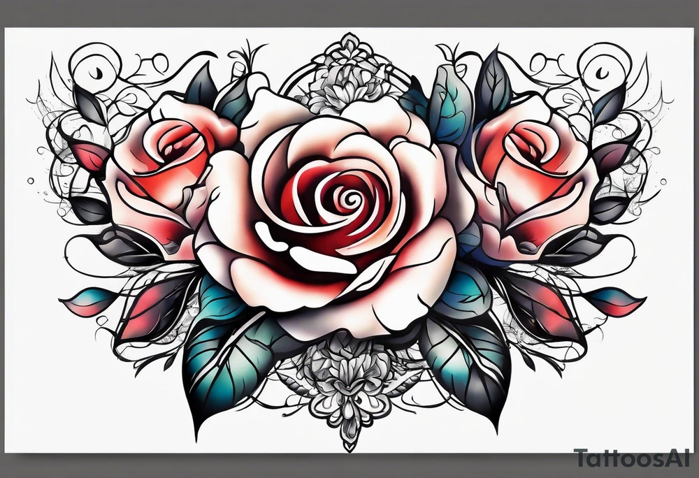 front knee tattoo based on Mike Rubendall with roses, water, flowers, background wash tattoo idea