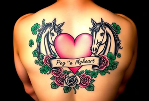 A lot of green shamrocks & red roses, horses with a big Pink heart and a banner across the heart that says Peg 'o My Heart tattoo idea