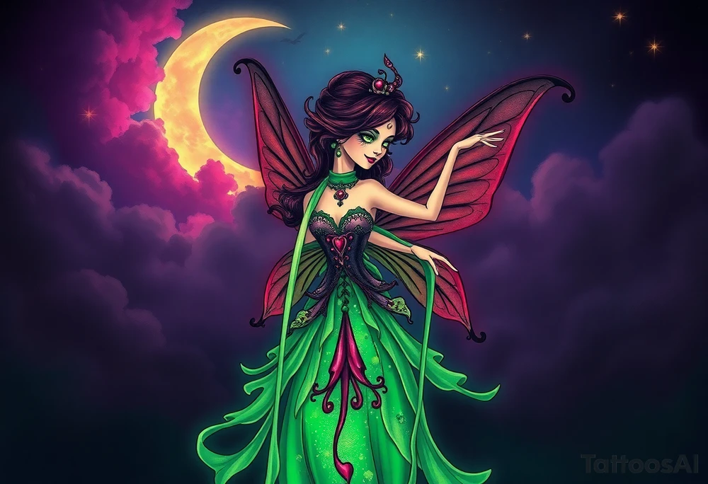 Tim Burton’s kelly doty pin up style Vintage Parisian elegant and hauntingly beautiful yet eerie full body absinthe Green Fairy dances outside her victorian crystal decatur she was once inside this elaborate ornate bottle absinthe bottle Absinthe Art Nouveau   and dripping with muted reds, dusty pinks, and eerie green glow.purple and cyan smokey clouds swirl in the crescent moonlit sky thats sprinkled with stars tattoo idea