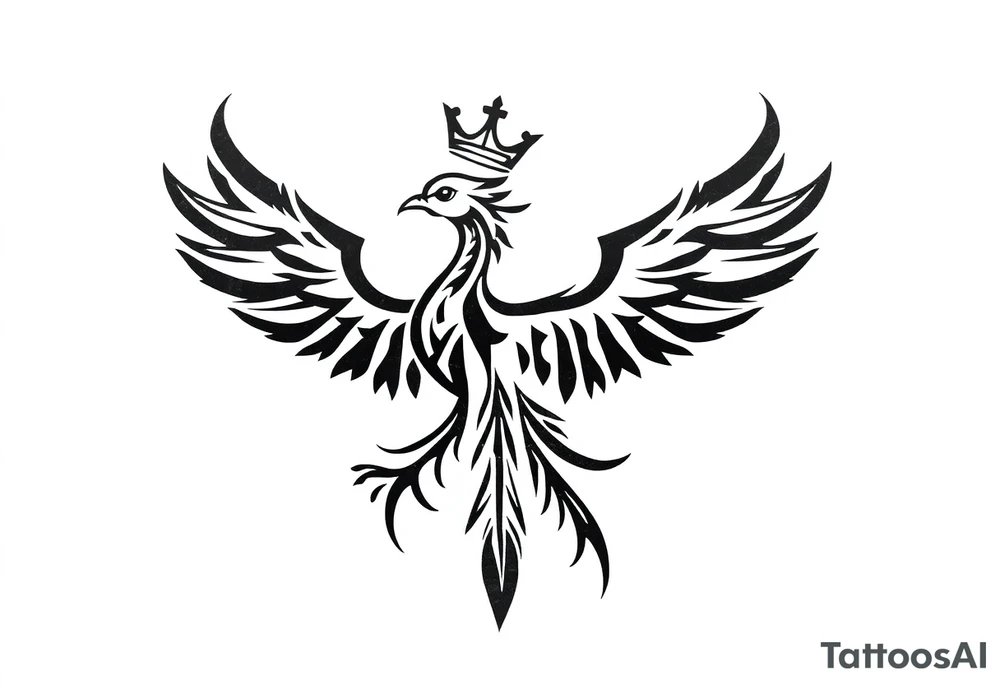 Pheonix wearing a crown with flowy long tail tattoo idea