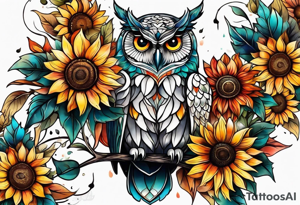 Leg sleeve with colorful sunflowers and an owl tattoo idea