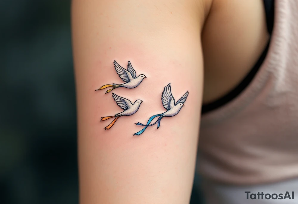 A trio of doves in flight, each carrying a different colored ribbon—soft gold, sky blue, and lavender, representing unity, trust, and new beginnings. tattoo idea