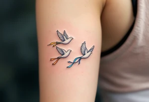 A trio of doves in flight, each carrying a different colored ribbon—soft gold, sky blue, and lavender, representing unity, trust, and new beginnings. tattoo idea