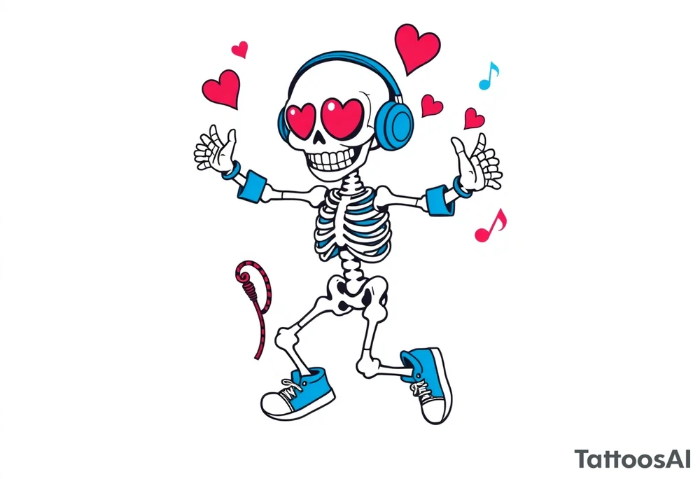 smiley skeleton with red love shape in his eyes jumping on a jump rope with blue headphones and blue armbands and blue sneakers with colorful music notes around his head tattoo idea