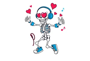 smiley skeleton with red love shape in his eyes jumping on a jump rope with blue headphones and blue armbands and blue sneakers with colorful music notes around his head tattoo idea