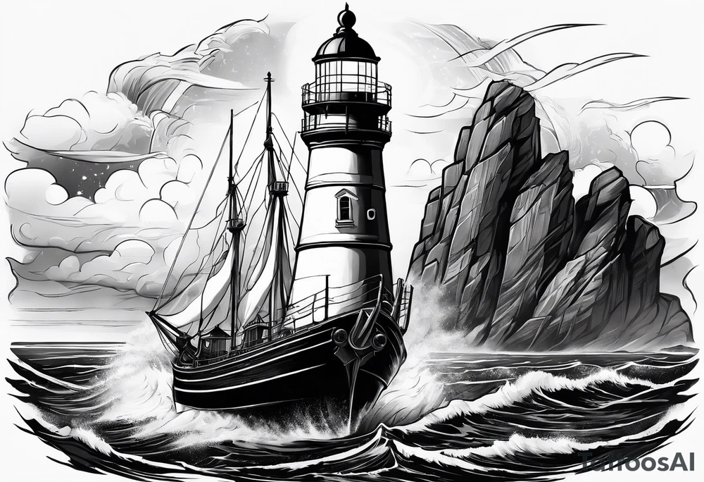 ghost marine lighthouse behind the bow of a sailboat. tattoo idea