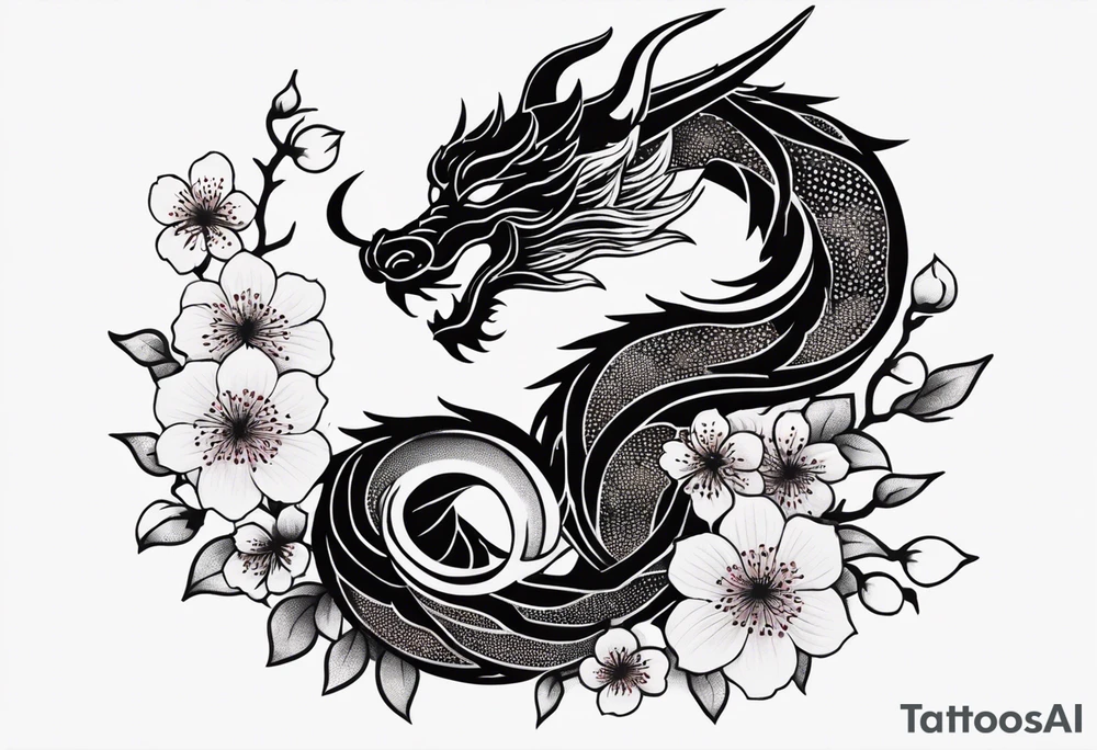 dragon, japanese, female, cherry blossoms, vines, elegant, minimalist, sleek tattoo idea