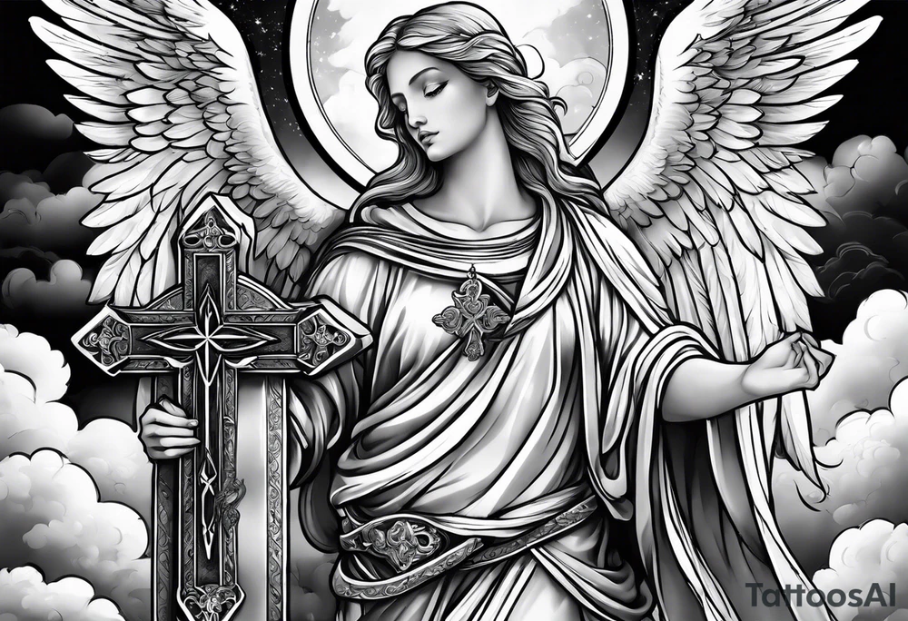 Angelic Angel holding cross in clouds tattoo idea