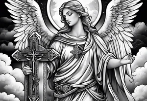 Angelic Angel holding cross in clouds tattoo idea