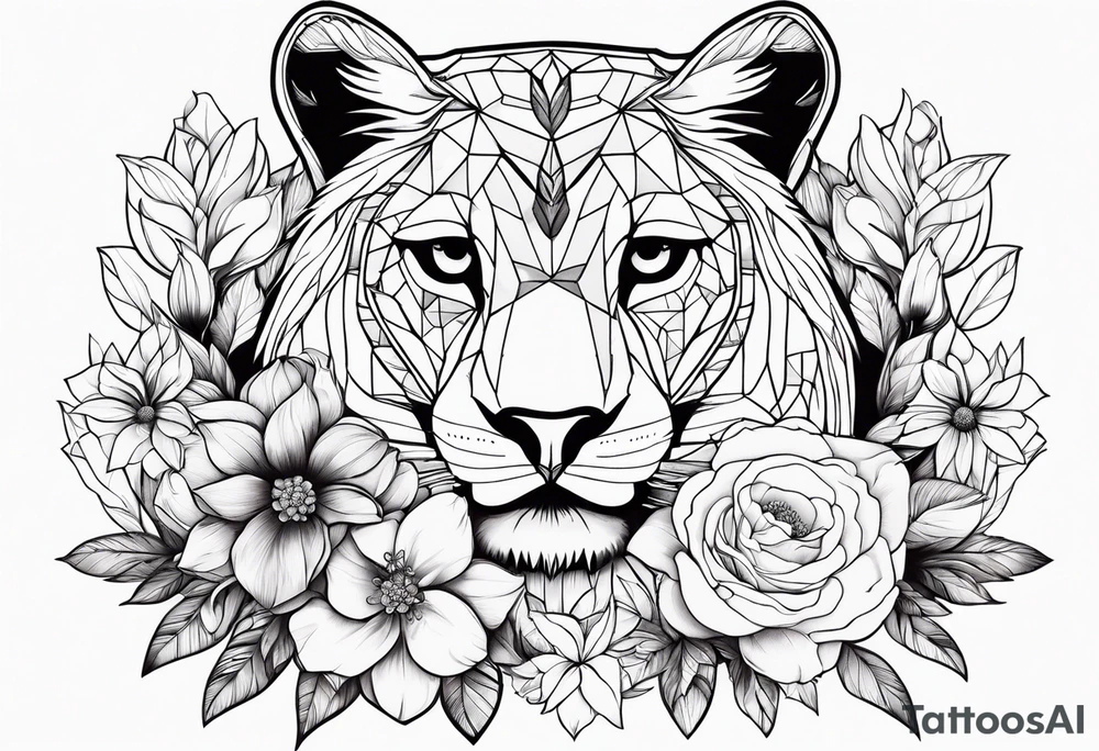 lionesses and owl wit flowers tattoo idea