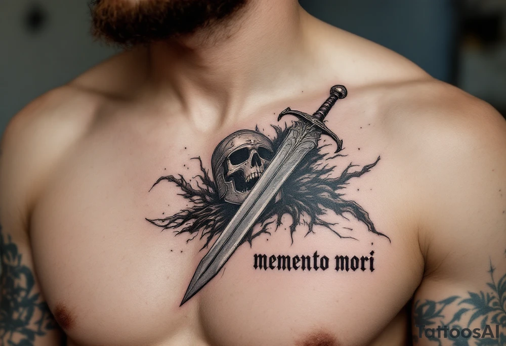 A skeleton knight’s helmet resting beside a sword in metallic silver and black, "memento mori" scrawled in aged ink below. tattoo idea