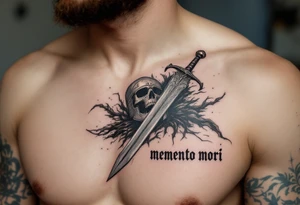 A skeleton knight’s helmet resting beside a sword in metallic silver and black, "memento mori" scrawled in aged ink below. tattoo idea