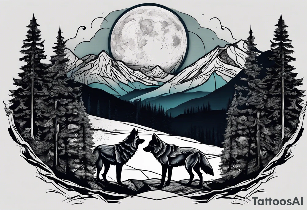 Half sleeve
Peaks of mountains with a moon behind it
Dark woods below the mountains with a narrow trail with two wolves on bottom of the trails tattoo idea