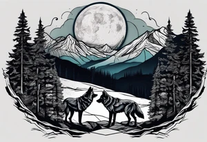 Half sleeve
Peaks of mountains with a moon behind it
Dark woods below the mountains with a narrow trail with two wolves on bottom of the trails tattoo idea