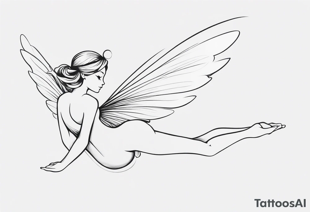 Minimalistic, monochromatic fairy with a tail flying to the left in a fetal position, leaning and looking in the same direction, with visible hands, embodying the 'Fairy Tail' logo aesthetic. tattoo idea