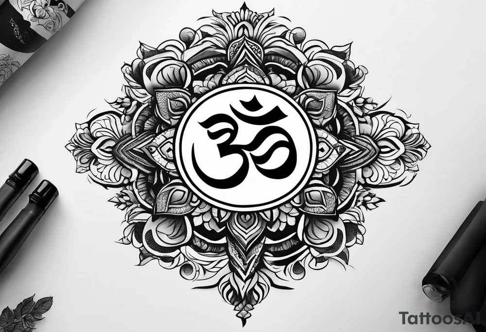 Forearm sleeve tattoo based around Sanskrit Om symbol tattoo idea