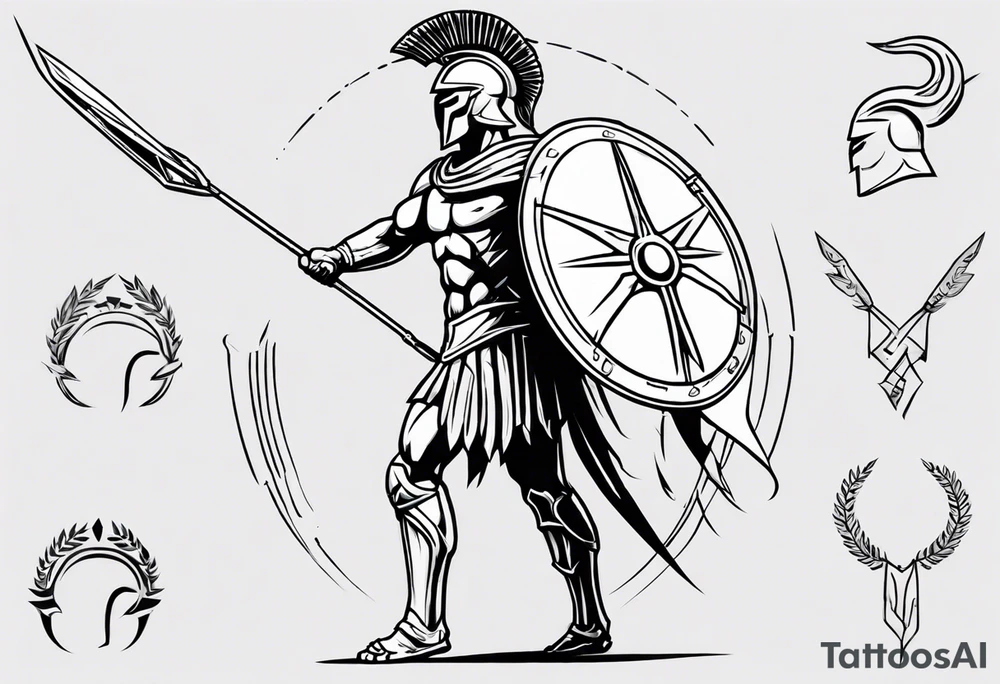 ultra-fine line linework vector of a spartan from the side, spartan spear, spartan shield, laurel wreath tattoo idea