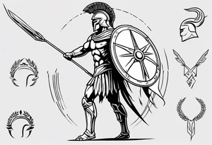 ultra-fine line linework vector of a spartan from the side, spartan spear, spartan shield, laurel wreath tattoo idea