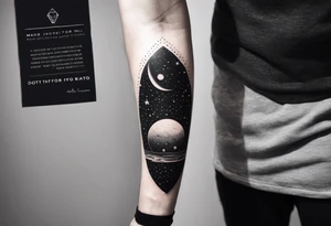 An outer space themed minimalist calf sleeve tattoo incorporating the quote, "Made for another world" in typewriter font tattoo idea