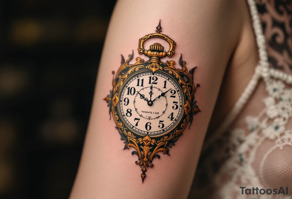 Ornate pocket watch tattoo showing 13:37 and "Veronika – 2.9.2016" in warm sepia tones. tattoo idea