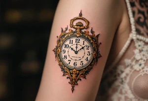 Ornate pocket watch tattoo showing 13:37 and "Veronika – 2.9.2016" in warm sepia tones. tattoo idea