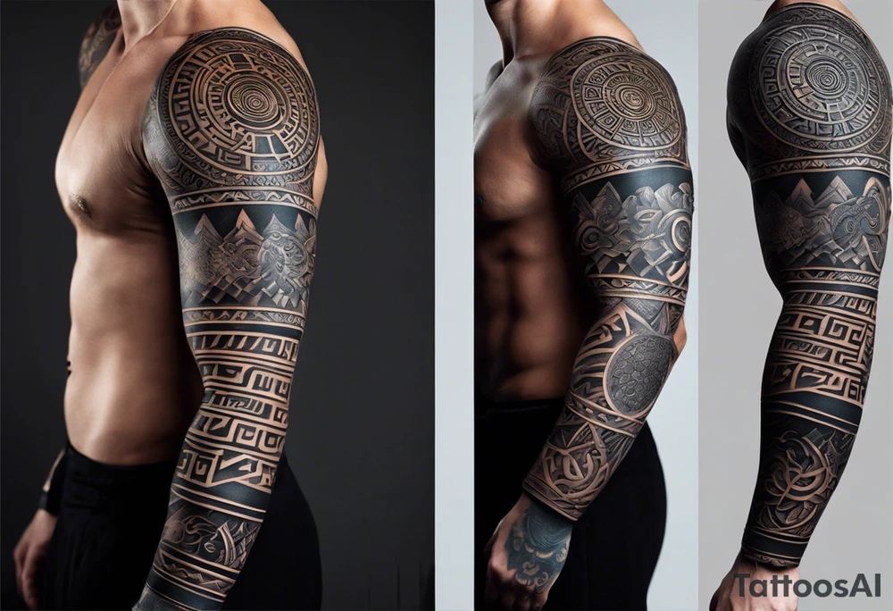 A full tattoo sleeve inspired by Greek mythology, designed with a strong, masculine aesthetic and dark shading to create bold contrasts. The sleeve features a central theme of ancient Greek symbols and deities, intricately woven together with a sense of power and order. The design incorporates an ordered mandala effect, with geometric patterns that add a sense of structure and balance, blending seamlessly with the mythological elements. Key figures like a fierce warrior, perhaps a Spartan or a gladiator, are depicted in dynamic poses, showcasing strength and bravery. Surrounding these figures, include elements like a laurel wreath, the eye of a Greek god, or a shield and spear, all rendered in dark, intense shading to highlight their significance. The mandala patterns serve as a backdrop, providing a structured, almost architectural feel that contrasts with the organic forms of the mythological characters. The overall look is dark, powerful, and deeply symbolic, capturing the essence of ancient Greek heroism and mythology in a way that resonates with a strong, masculine energy tattoo idea