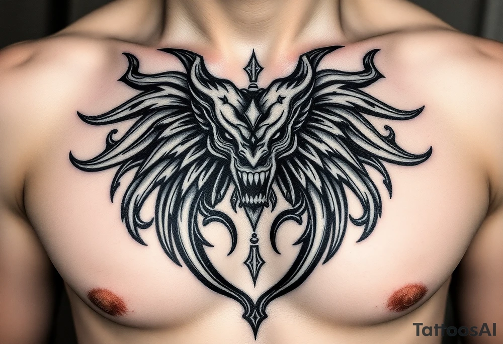 Inspirado en Caos, la entidad griega que existía antes de todo.

Diseño abstracto: torbellino oscuro con símbolos antiguos, rostros ocultos, ojos cerrados.

Al centro del pecho puede tener una grieta con luz negra o figuras serpenteantes. tattoo idea