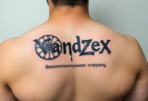 "Yandex.Zen logo, but letters are replaced with samsaric wheels. Slogan below: 'Рекомендуем: нирвану'.  

Style: Censored look (semi-transparent ink). Black/grey, forearm placement." tattoo idea
