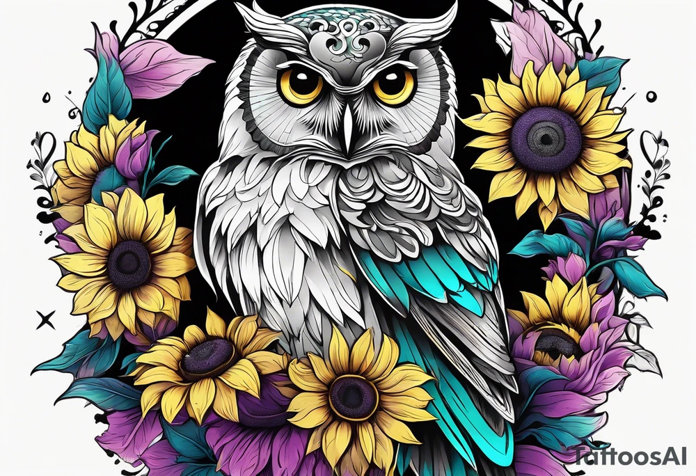 Black and white owl shaded teal, pink and purple surrounded by yellow sunflowers sleeve tattoo idea