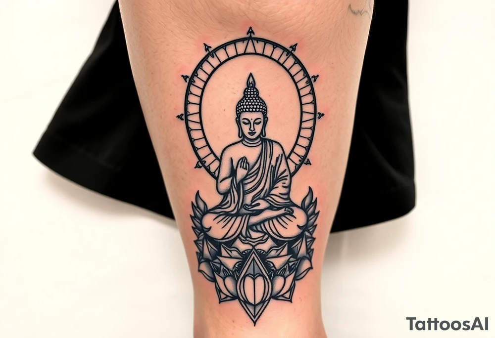 full leg sleeve with buddha above knee, using sacred geometry and space themes tattoo idea