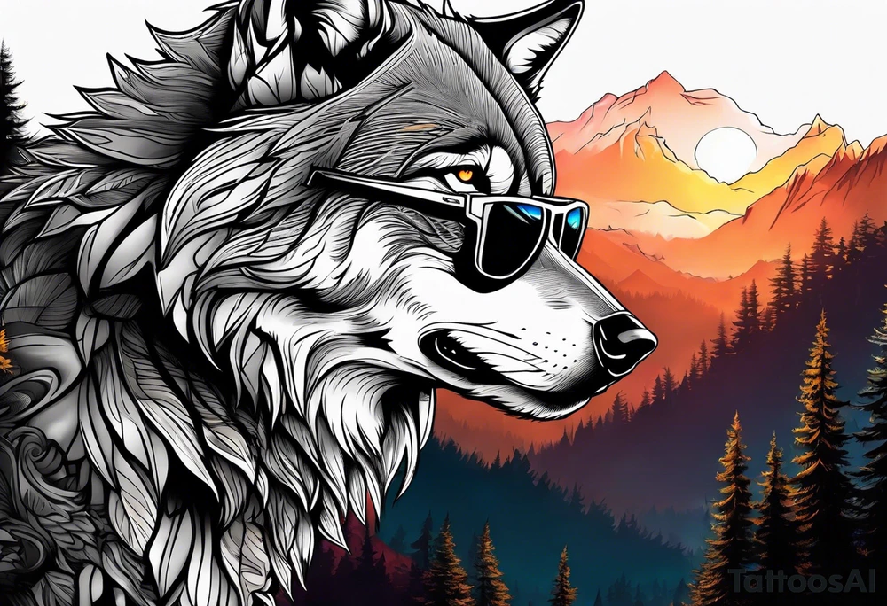 Badass wolf wearing sunglasses
Dark woods
Mountains
Sunset tattoo idea