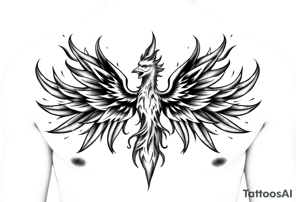 Realistic and symmetrical flaming Phoenix rebirth with spread low wings mapped onto chest
Phoenix  head must be straight and symmetrical 
Fire should be surrounding spread wings
Wings should be spread low only on chest muscle tattoo idea