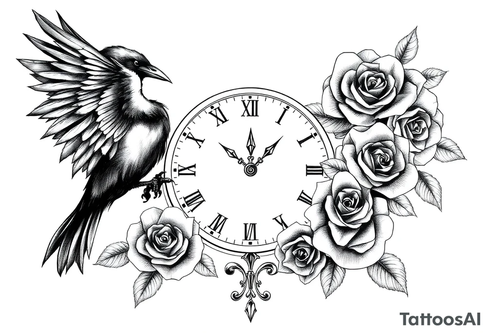 raven,roses,clock. tattoo idea