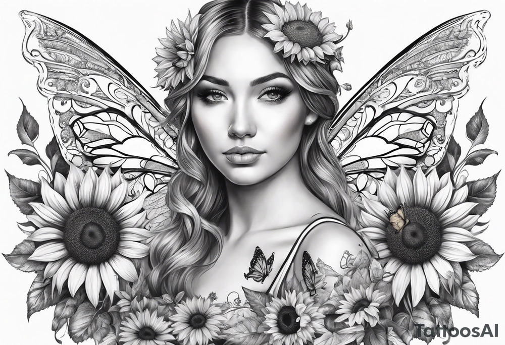 Sleeve with angel wings, sunflower and butterfly tattoo idea