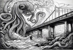 Octopus attacking a bridge with volcano in background erupting tattoo idea