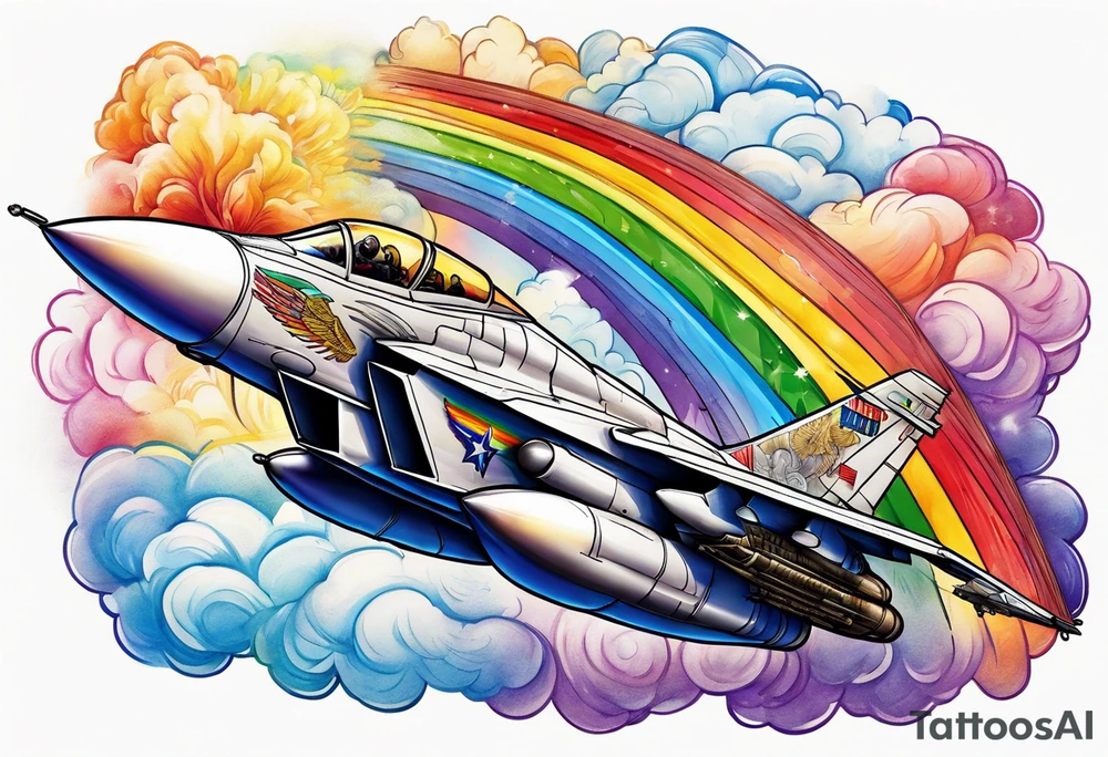 Fighter jet flying through rainbow tattoo idea