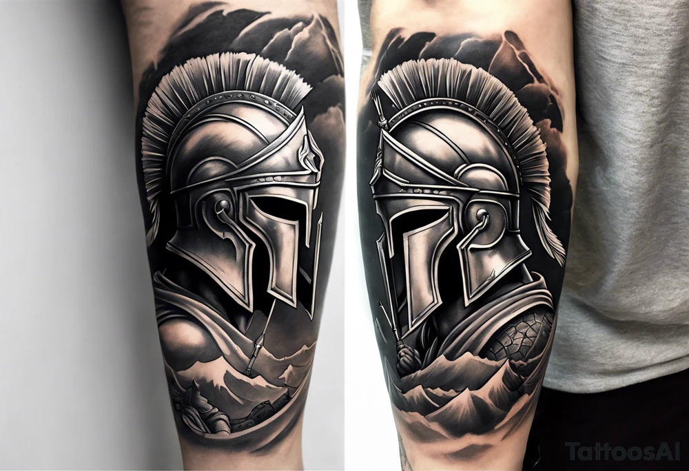 A half-leg sleeve starting on the knee. On the knee is a spartan helmet with an arrow going through it. At the point of the arrow is Mount Olympus being held up by Hercules. Under Hercules is the underworld with the sea of the dead. The space around Mount Olympus is filled with ancient Greek mythology. tattoo idea