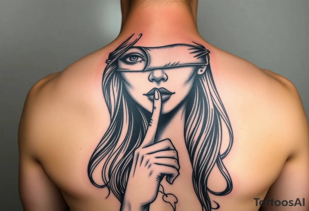 Women that has big eyes but her eyes are not there cause she is blind with a nose and long long hair that is flowing down her chest and back her index finger to her mouth and her ears both are bleeding  like hear no evil see no evil talkk no evil tattoo idea
