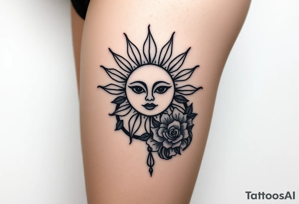 Traditional old
School sun with simple face two eyes, Sun, rose and crab old school style henna style tattoo idea